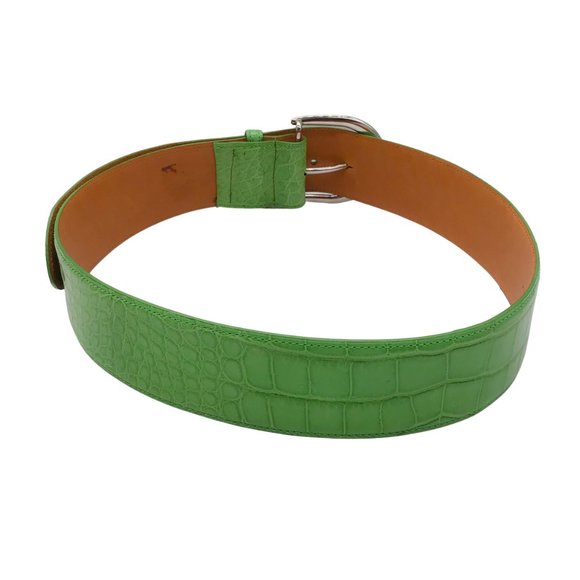 RALPH LAUREN GREEN / SILVER LOCK CHARM WIDE ALLIGATOR SKIN LEATHER BELT